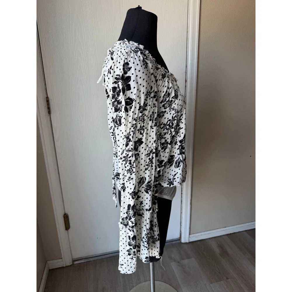 Intimately Free People Floral Polka Dot Bell Sleeve Bodysuit Black White Large